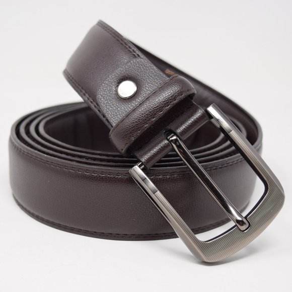 Faux Leather Belt Men 61 65 Brown Career Professional Silvertone Buckle Preppy - Picture 12 of 12